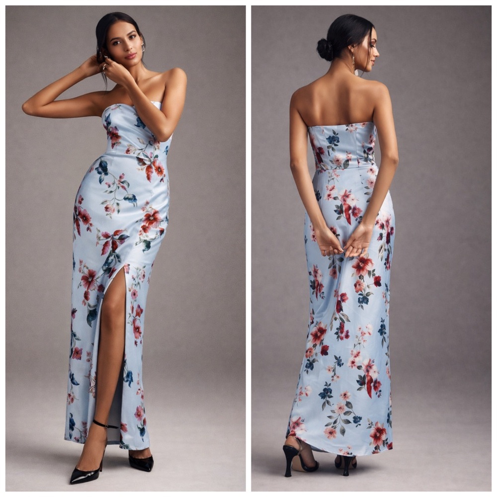 Anthropologie BHLDN Avianna Stretch Satinโ Strapless Maxi Dress Floral Size 12